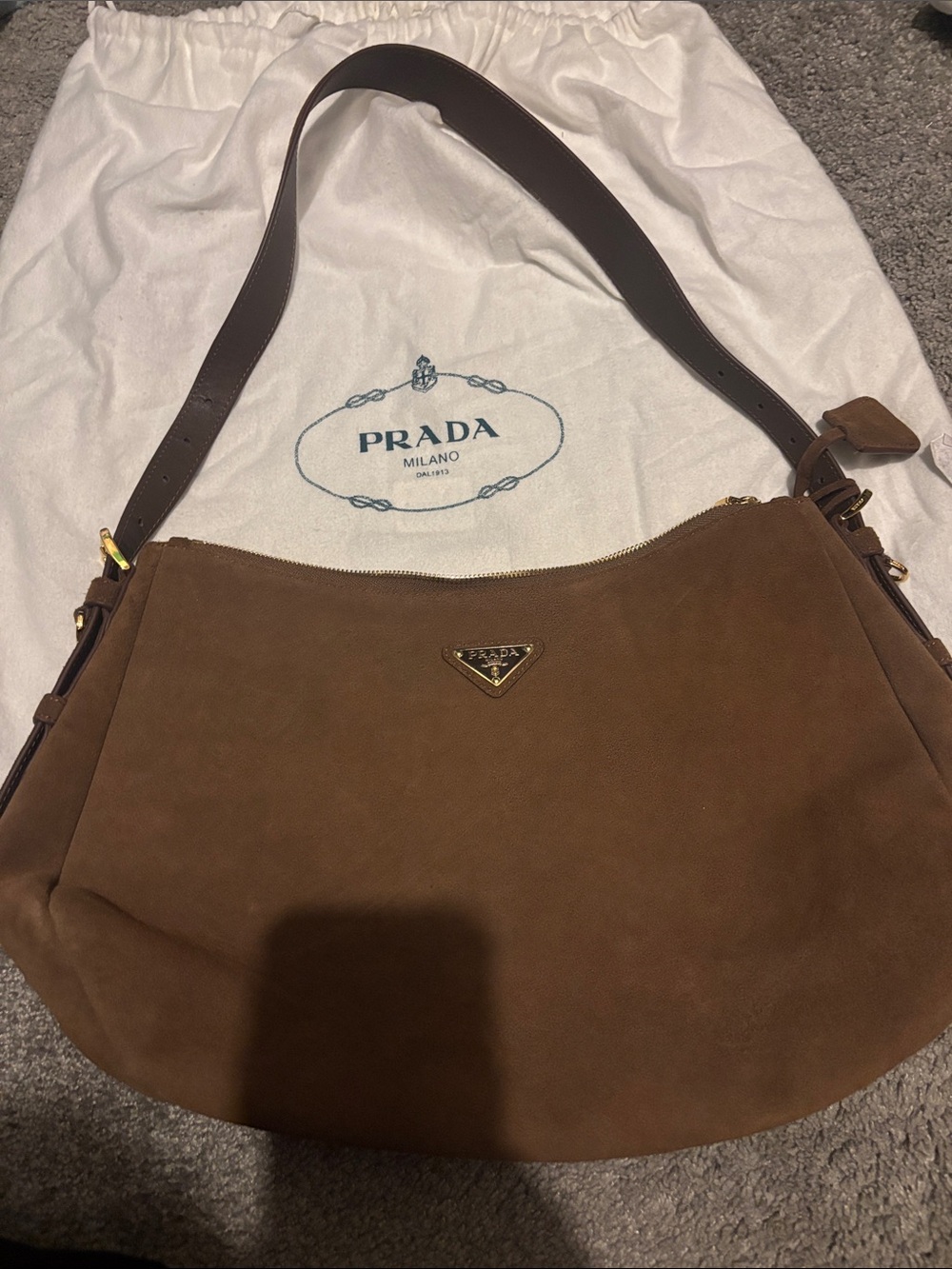 Prada Brown Suede Shoulder Hobo with Dark Brown Strap
